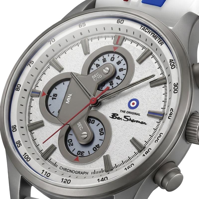 Ben Sherman Men’s Gunmetal Chronograph Watch with Silver Dial and Striped Silicone Strap