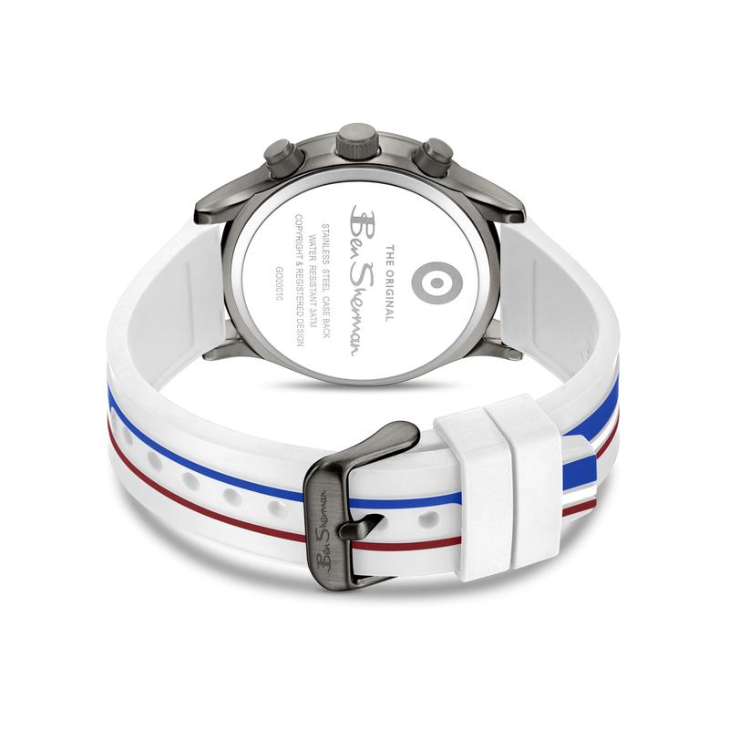 Ben Sherman Men’s Gunmetal Chronograph Watch with Silver Dial and Striped Silicone Strap