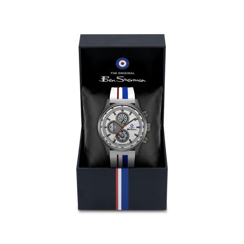 Ben Sherman Men’s Gunmetal Chronograph Watch with Silver Dial and Striped Silicone Strap