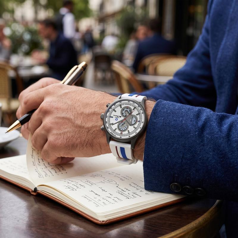 Ben Sherman Men’s Gunmetal Chronograph Watch with Silver Dial and Striped Silicone Strap