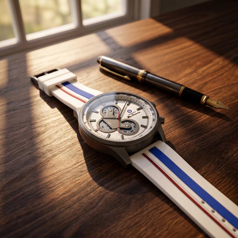 Ben Sherman Men’s Gunmetal Chronograph Watch with Silver Dial and Striped Silicone Strap