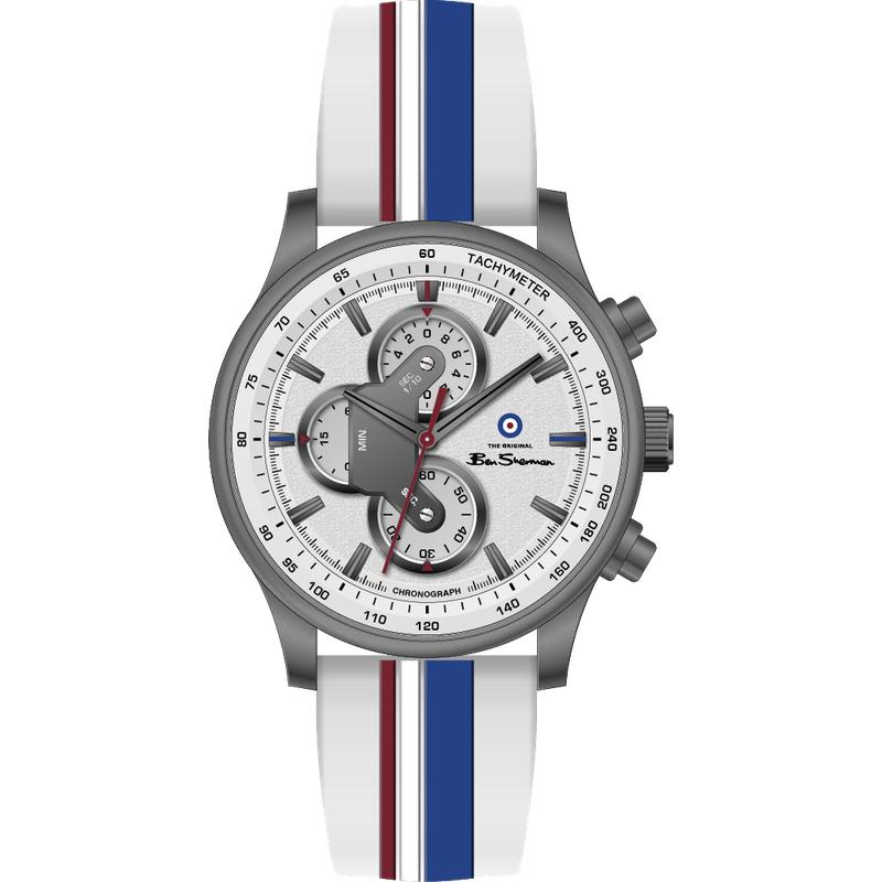 Ben Sherman Men’s Gunmetal Chronograph Watch with Silver Dial and Striped Silicone Strap