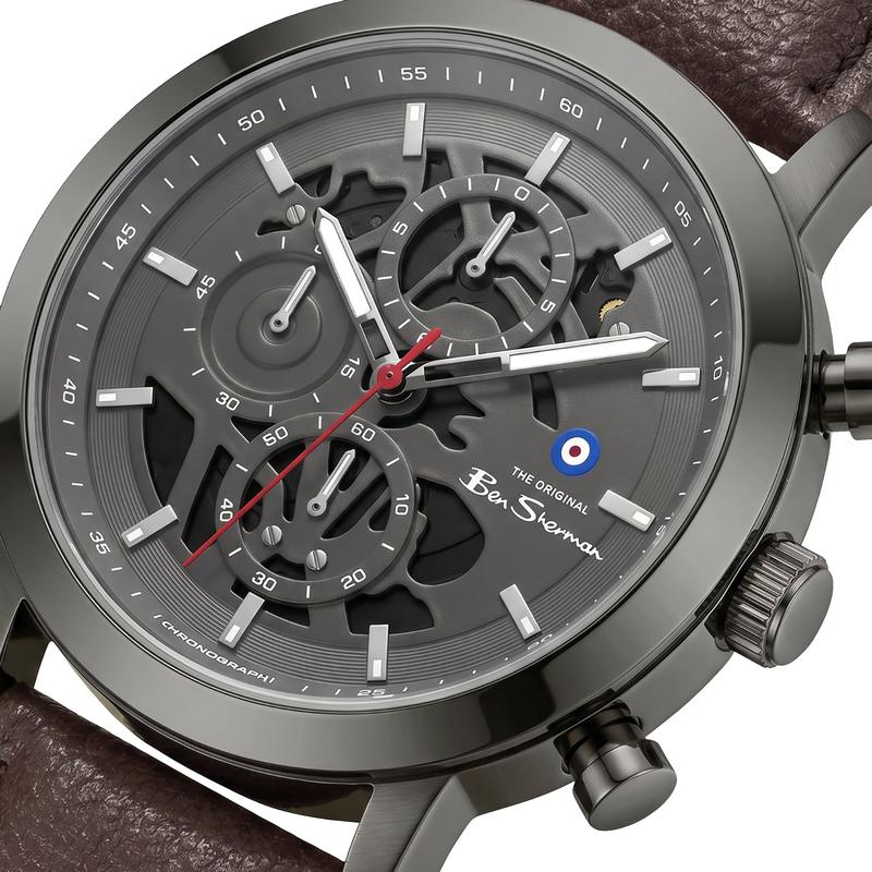 Ben Sherman Men's Gunmetal Skeleton Chronograph Watch with Brown Leather Strap