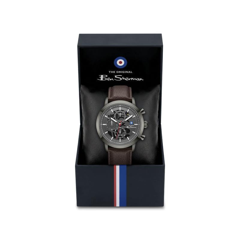 Ben Sherman Men's Gunmetal Skeleton Chronograph Watch with Brown Leather Strap