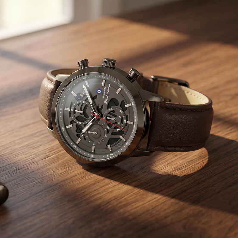 Ben Sherman Men's Gunmetal Skeleton Chronograph Watch with Brown Leather Strap