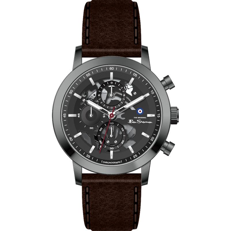 Ben Sherman Men's Gunmetal Skeleton Chronograph Watch with Brown Leather Strap