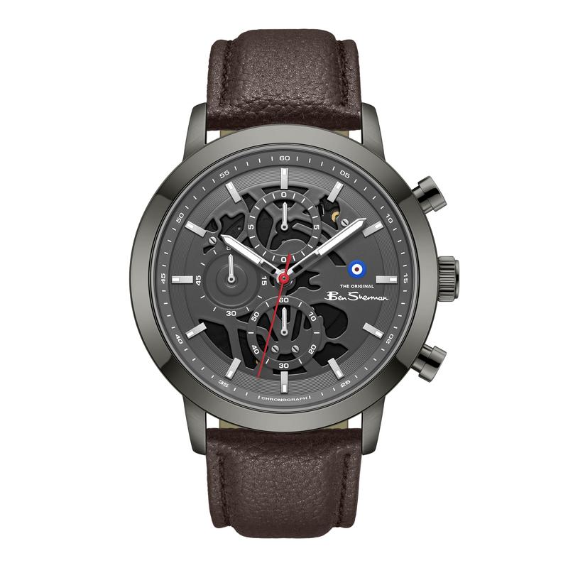 Ben Sherman Men's Gunmetal Skeleton Chronograph Watch with Brown Leather Strap