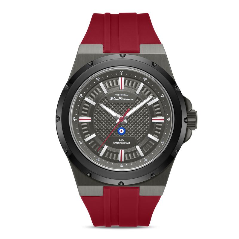 Ben Sherman Men’s Gunmetal Watch with Grey Dial and Burgundy Silicone Strap