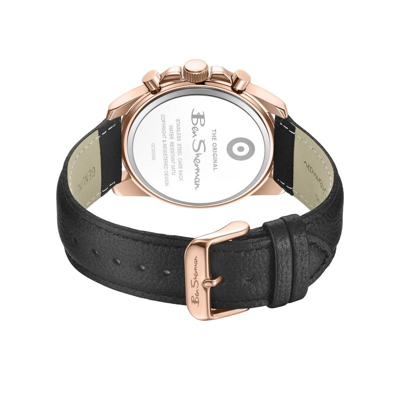 Ben Sherman Men's Rose Gold Chronograph Watch with Black Dial & Black Leather Strap