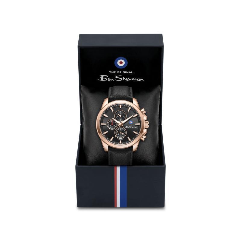Ben Sherman Men's Rose Gold Chronograph Watch with Black Dial & Black Leather Strap
