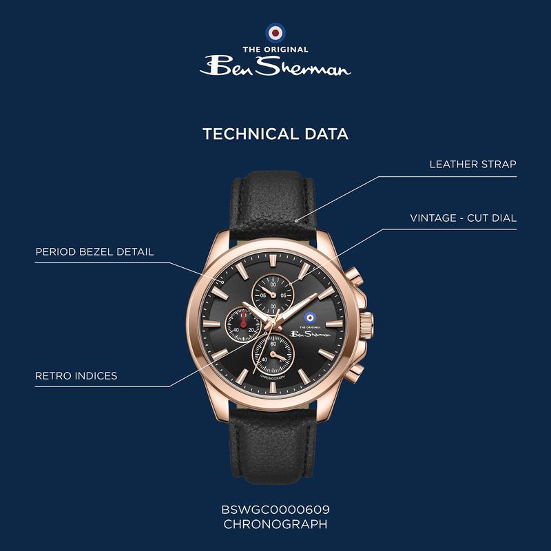 Ben Sherman Men's Rose Gold Chronograph Watch with Black Dial & Black Leather Strap