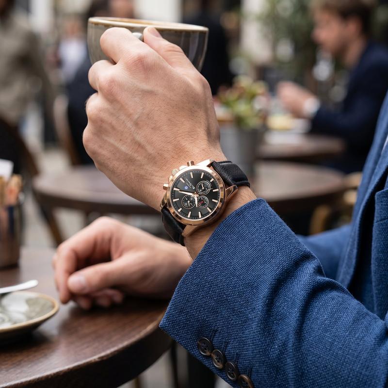 Ben Sherman Men's Rose Gold Chronograph Watch with Black Dial & Black Leather Strap