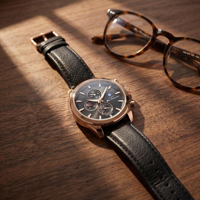 Ben Sherman Men's Rose Gold Chronograph Watch with Black Dial & Black Leather Strap