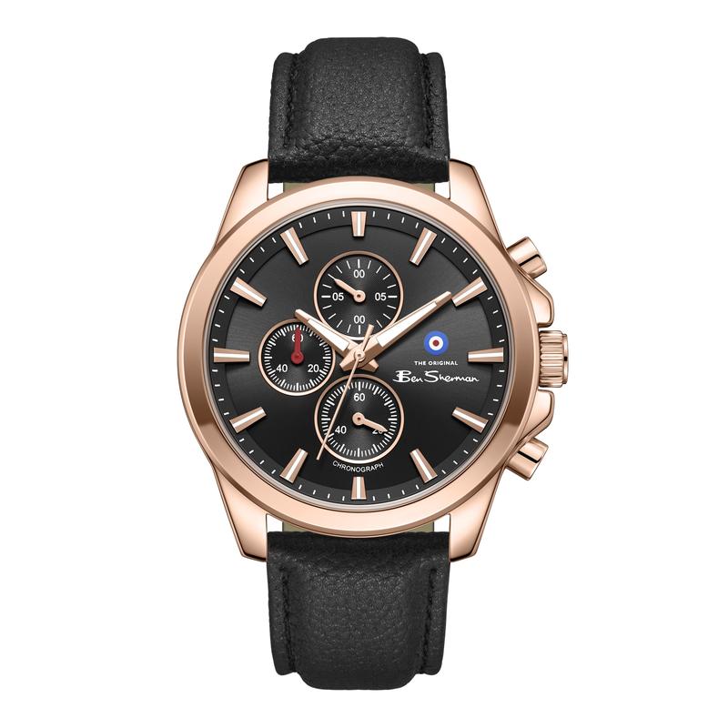 Ben Sherman Men's Rose Gold Chronograph Watch with Black Dial & Black Leather Strap