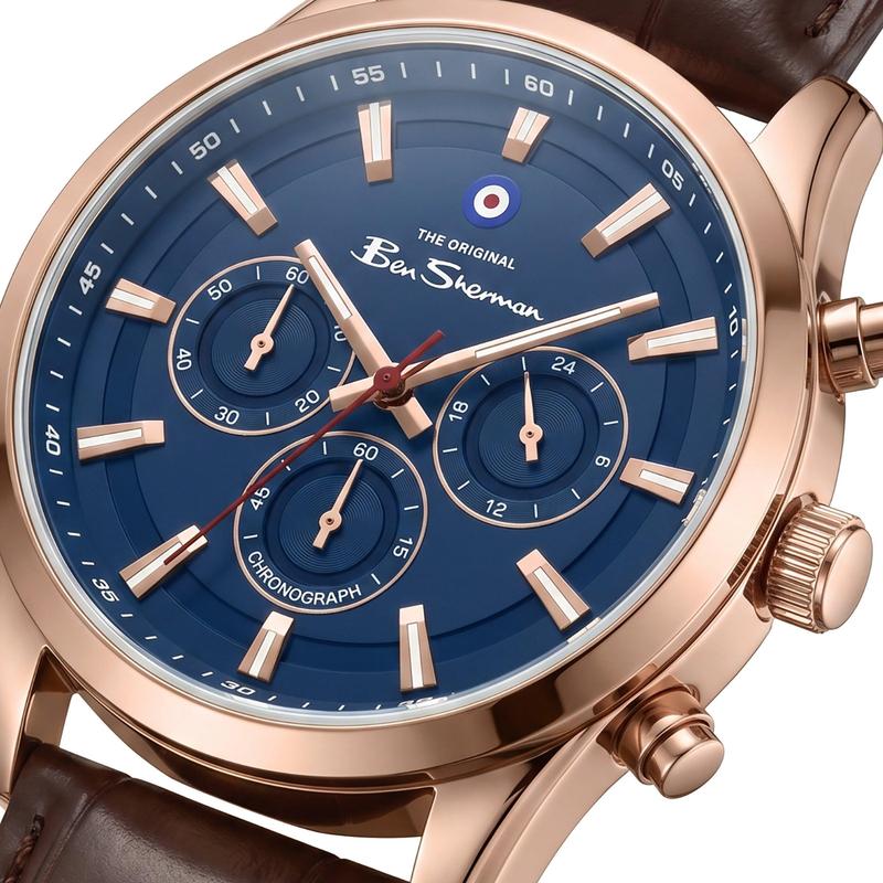 Ben Sherman Men's Rose Gold Chronograph Watch with Blue Dial & Brown Leather Strap