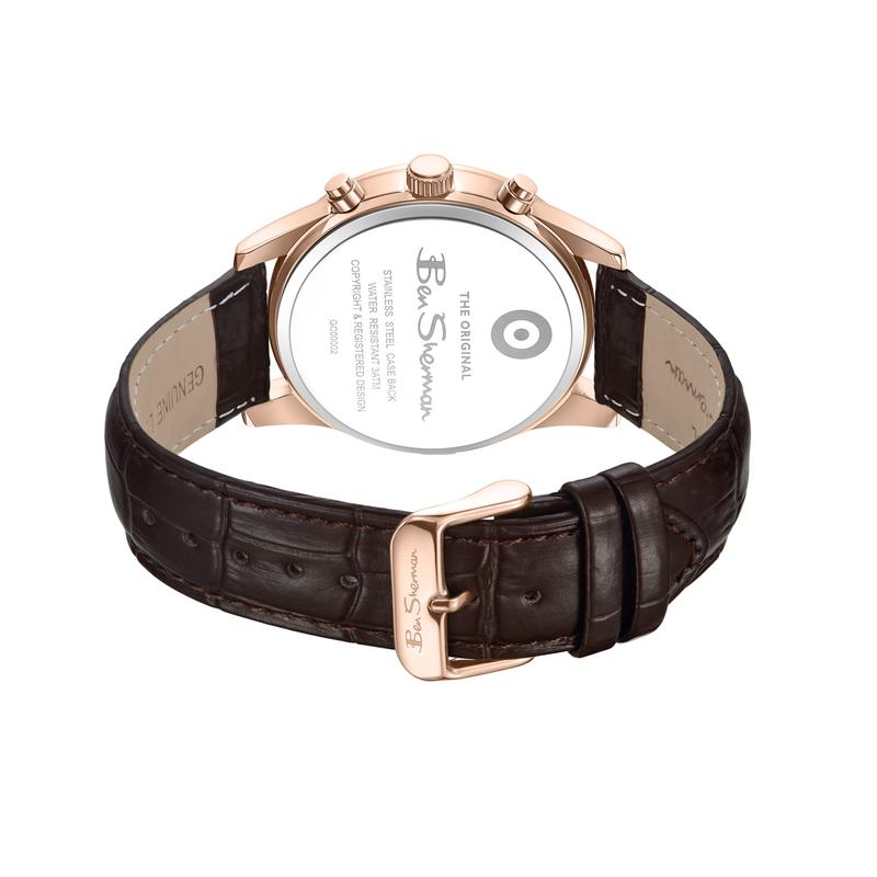 Ben Sherman Men's Rose Gold Chronograph Watch with Blue Dial & Brown Leather Strap