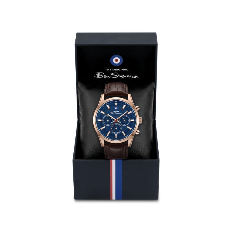 Ben Sherman Men's Rose Gold Chronograph Watch with Blue Dial & Brown Leather Strap