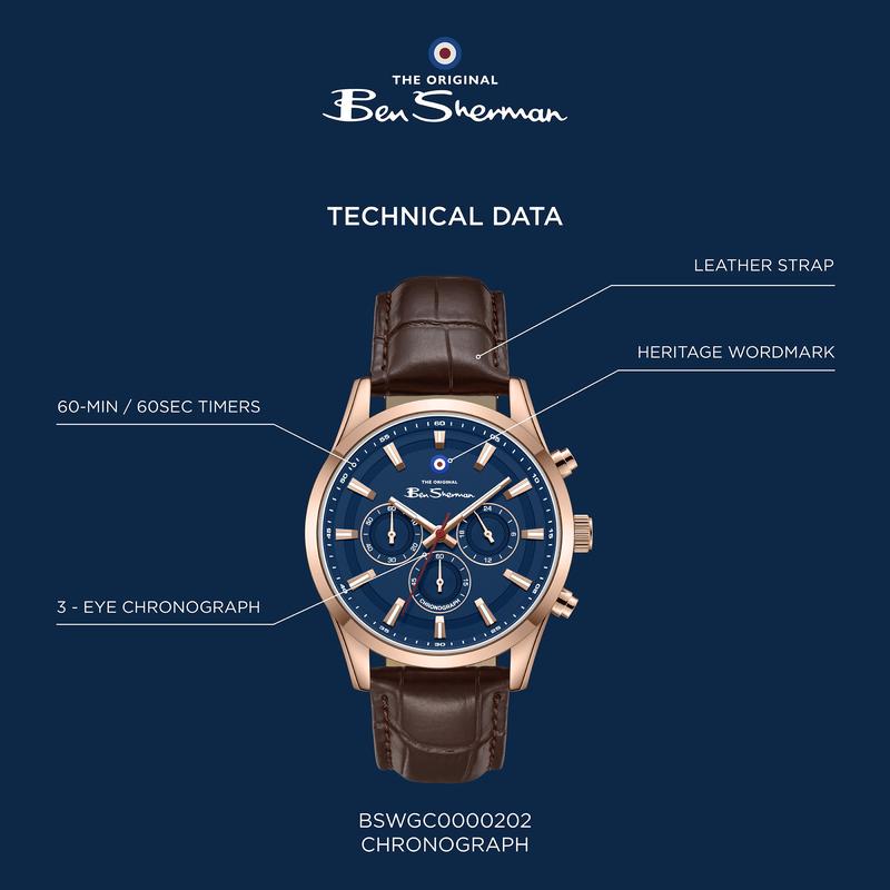 Ben Sherman Men's Rose Gold Chronograph Watch with Blue Dial & Brown Leather Strap