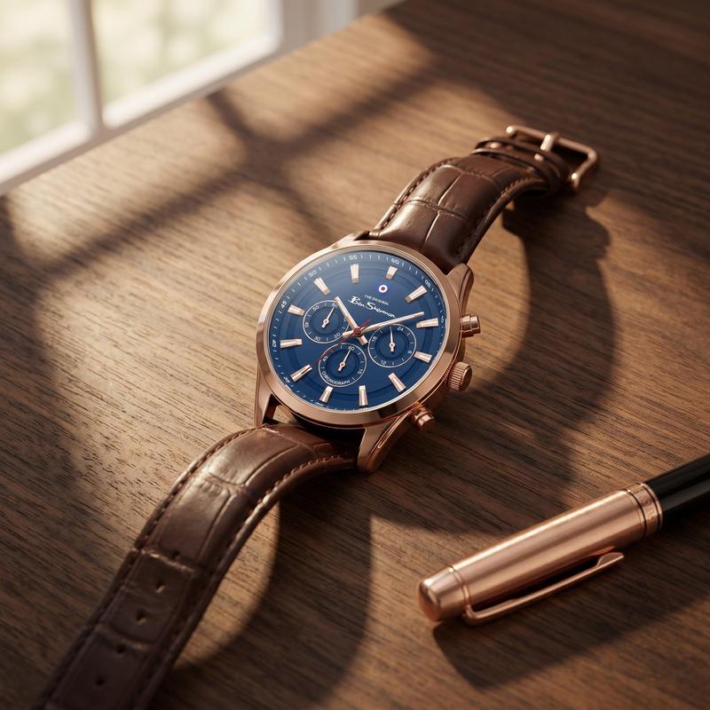 Ben Sherman Men's Rose Gold Chronograph Watch with Blue Dial & Brown Leather Strap