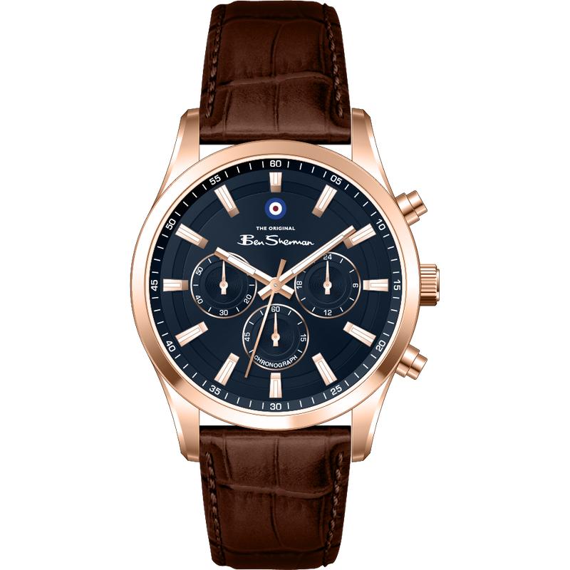 Ben Sherman Men's Rose Gold Chronograph Watch with Blue Dial & Brown Leather Strap