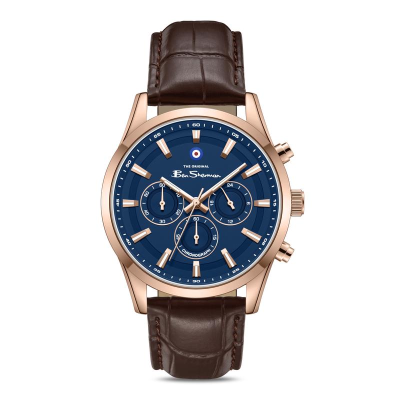 Ben Sherman Men's Rose Gold Chronograph Watch with Blue Dial & Brown Leather Strap