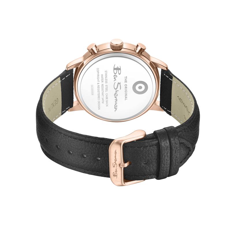 Ben Sherman Men's Rose Gold Skeleton Chronograph Watch with Black Leather Strap