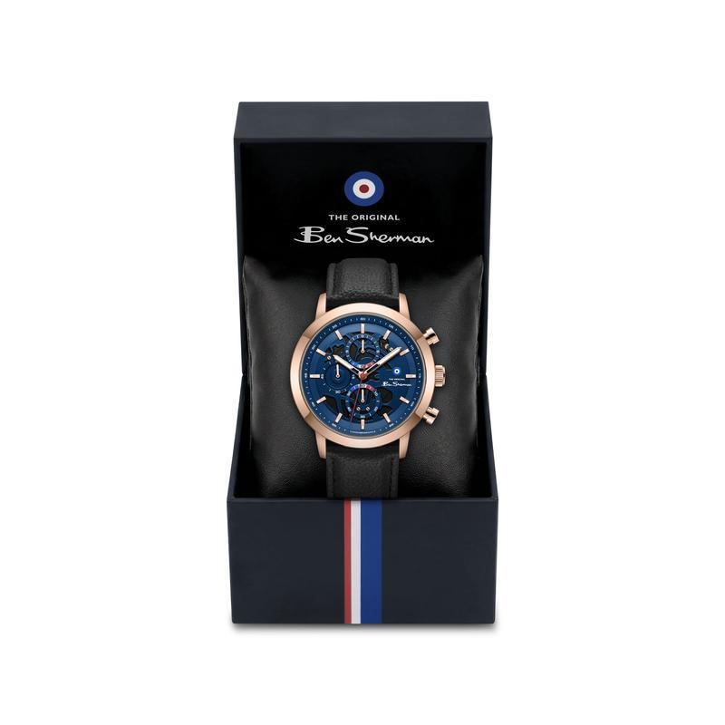 Ben Sherman Men's Rose Gold Skeleton Chronograph Watch with Black Leather Strap