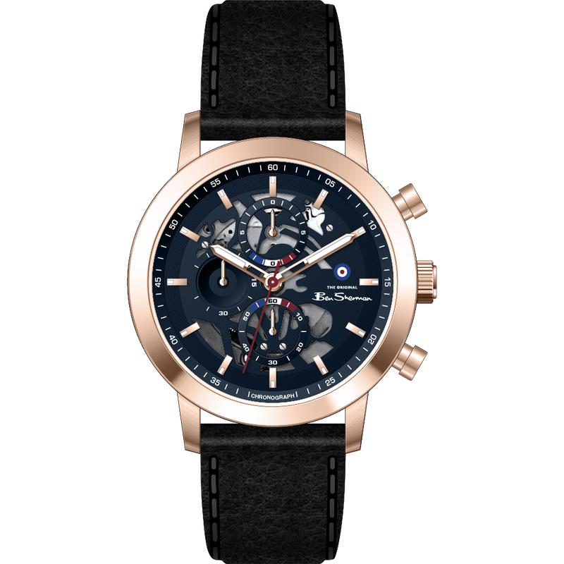 Ben Sherman Men's Rose Gold Skeleton Chronograph Watch with Black Leather Strap