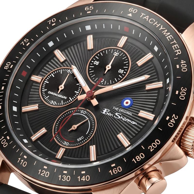 Ben Sherman Men’s Rose Gold-Tone Chronograph Watch with Black Dial and Silicone Strap