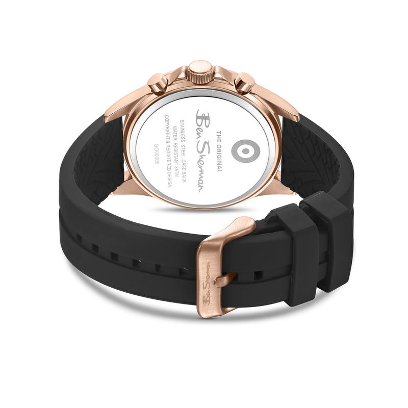 Ben Sherman Men’s Rose Gold-Tone Chronograph Watch with Black Dial and Silicone Strap