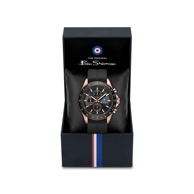 Ben Sherman Men’s Rose Gold-Tone Chronograph Watch with Black Dial and Silicone Strap