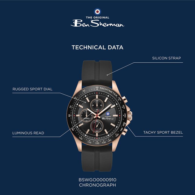 Ben Sherman Men’s Rose Gold-Tone Chronograph Watch with Black Dial and Silicone Strap