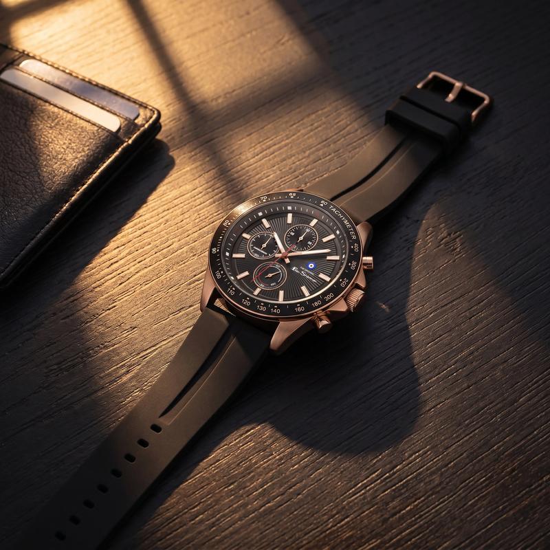 Ben Sherman Men’s Rose Gold-Tone Chronograph Watch with Black Dial and Silicone Strap