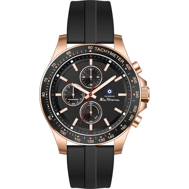 Ben Sherman Men’s Rose Gold-Tone Chronograph Watch with Black Dial and Silicone Strap