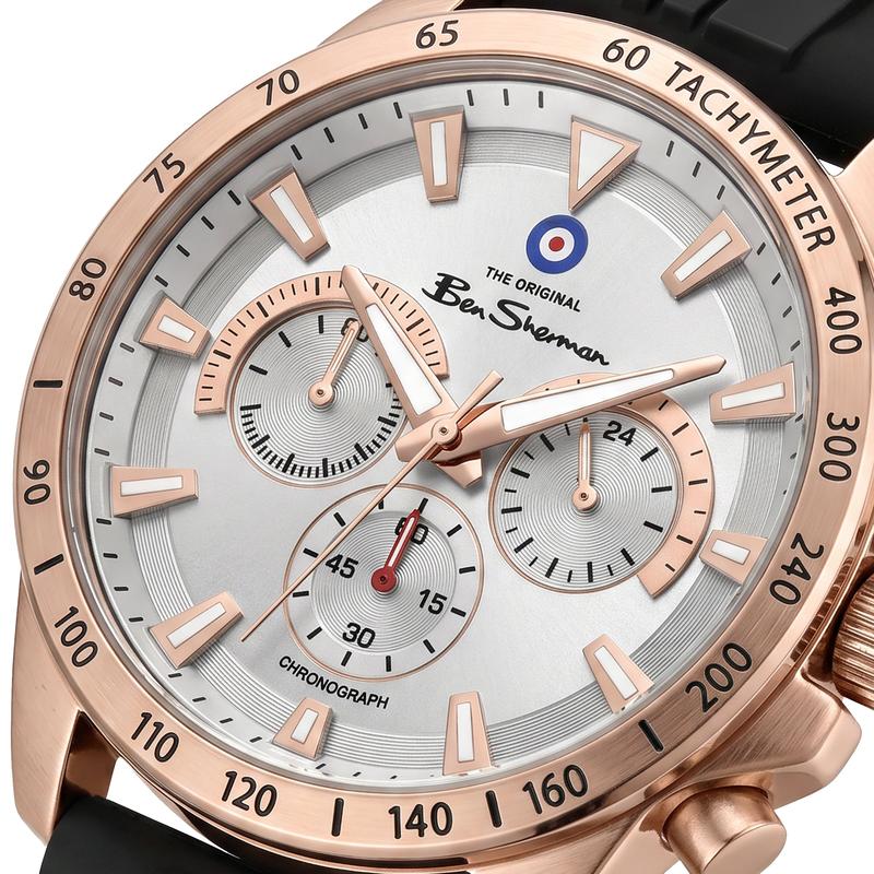 Ben Sherman Men’s Rose Gold-Tone Chronograph Watch with Black Silicone Strap