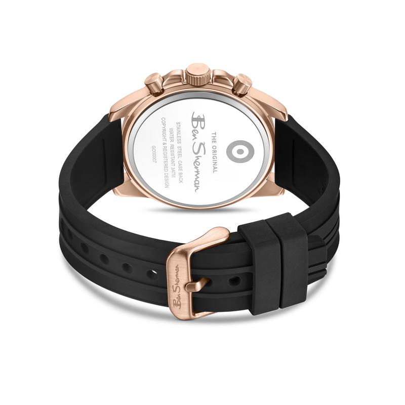 Ben Sherman Men’s Rose Gold-Tone Chronograph Watch with Black Silicone Strap