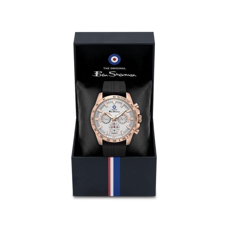 Ben Sherman Men’s Rose Gold-Tone Chronograph Watch with Black Silicone Strap