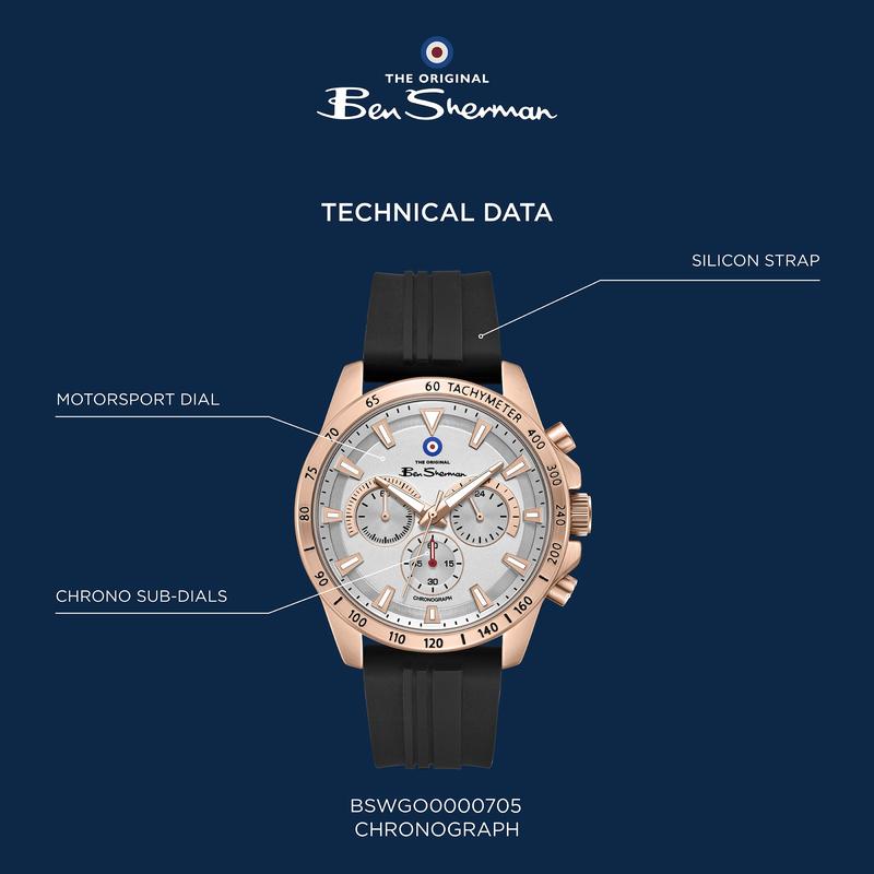 Ben Sherman Men’s Rose Gold-Tone Chronograph Watch with Black Silicone Strap