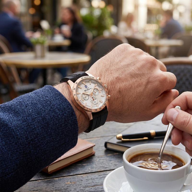 Ben Sherman Men’s Rose Gold-Tone Chronograph Watch with Black Silicone Strap