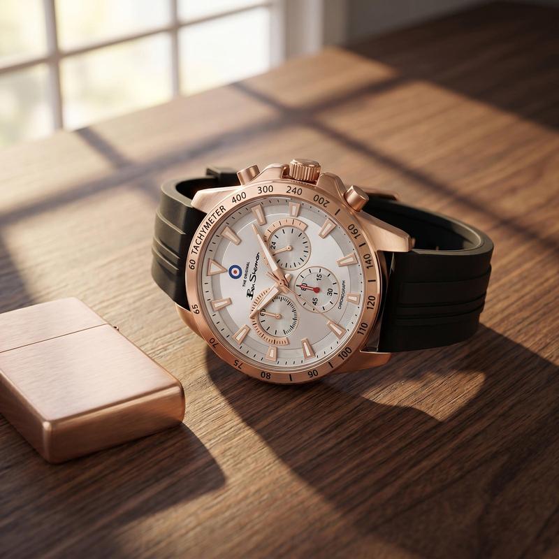 Ben Sherman Men’s Rose Gold-Tone Chronograph Watch with Black Silicone Strap