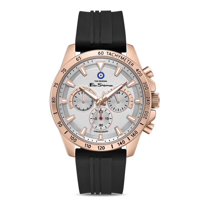 Ben Sherman Men’s Rose Gold-Tone Chronograph Watch with Black Silicone Strap