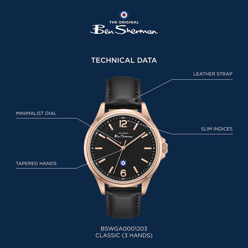 Ben Sherman Men’s Rose Gold-Tone Watch with Black Dial and Leather Strap