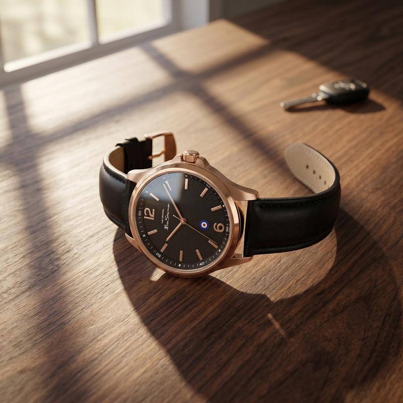 Ben Sherman Men’s Rose Gold-Tone Watch with Black Dial and Leather Strap