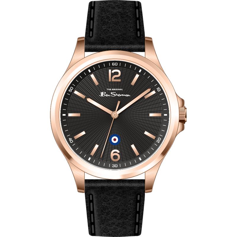 Ben Sherman Men’s Rose Gold-Tone Watch with Black Dial and Leather Strap