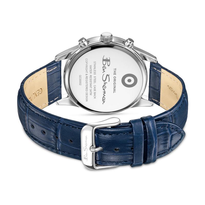 Ben Sherman Men's Silver Chronograph Watch with Blue Dial & Blue Leather Strap
