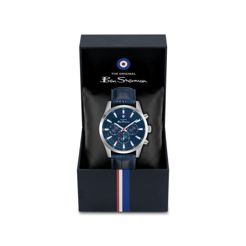 Ben Sherman Men's Silver Chronograph Watch with Blue Dial & Blue Leather Strap