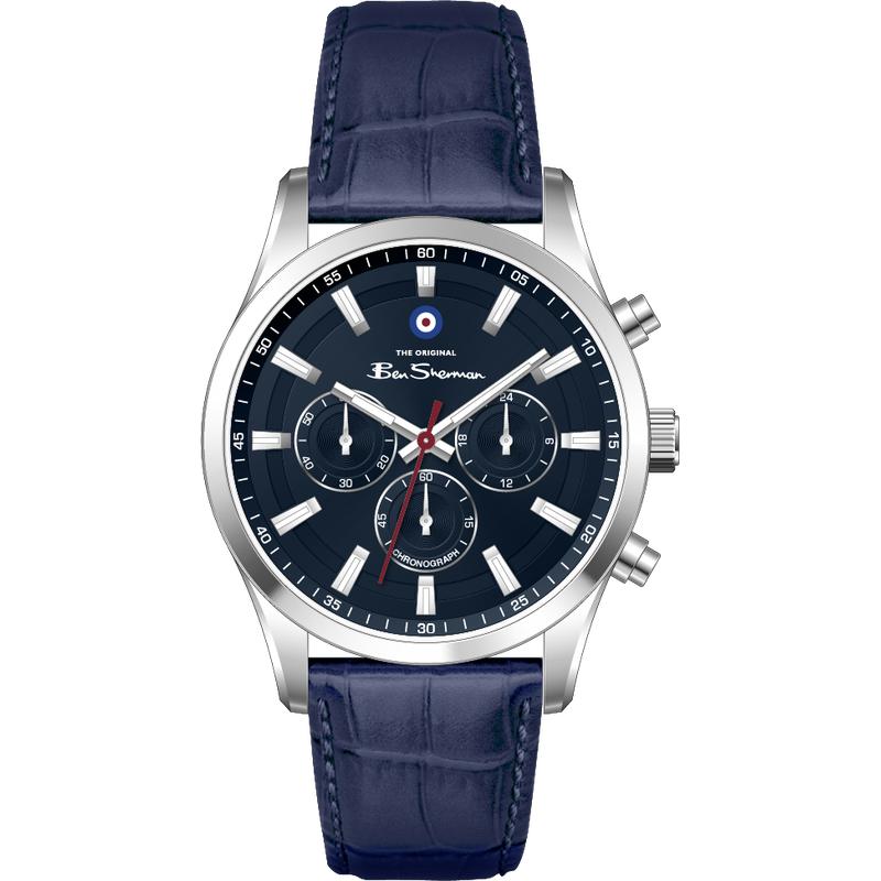 Ben Sherman Men's Silver Chronograph Watch with Blue Dial & Blue Leather Strap