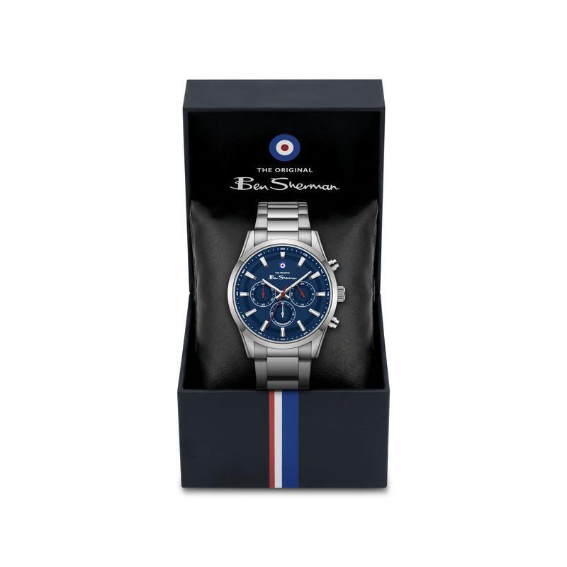 Ben Sherman Men's Silver Chronograph Watch with Blue Dial & Stainless Steel Bracelet