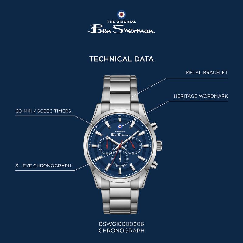 Ben Sherman Men's Silver Chronograph Watch with Blue Dial & Stainless Steel Bracelet