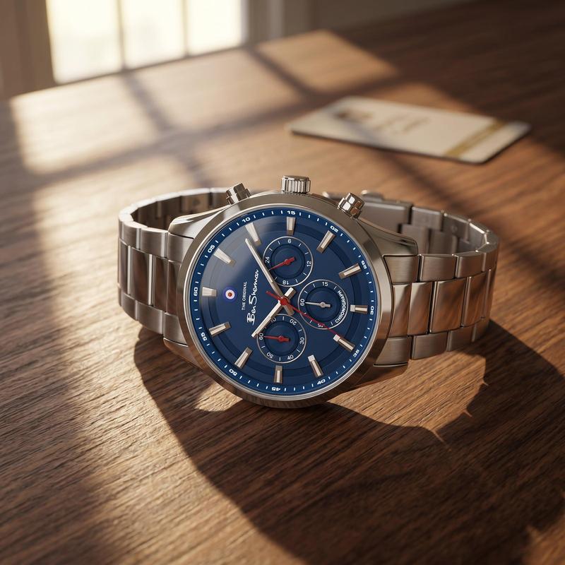 Ben Sherman Men's Silver Chronograph Watch with Blue Dial & Stainless Steel Bracelet